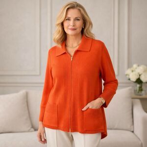 St John Size Medium Orange Santana Knit Cardigan Sweater Collared Full Zip